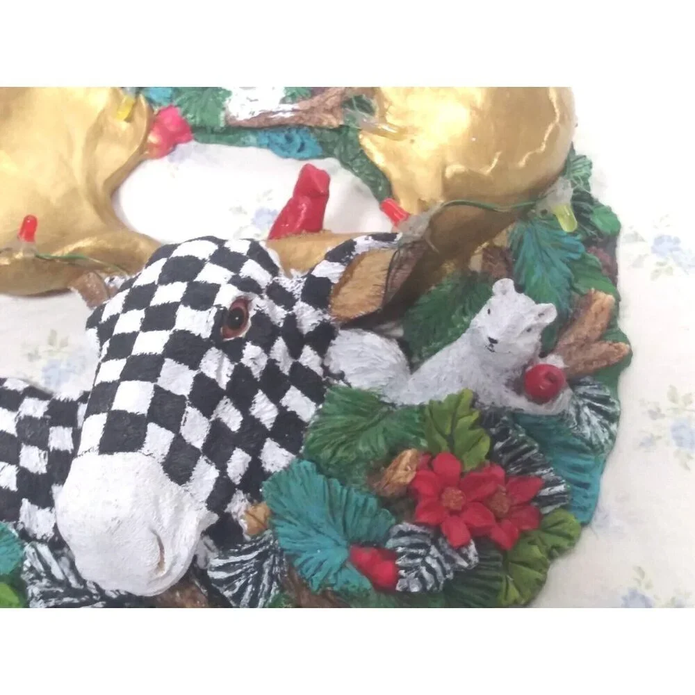 Christmas Wreath CHECKERED Whimsical resin 3D Moose squirrels cardinals OOAK